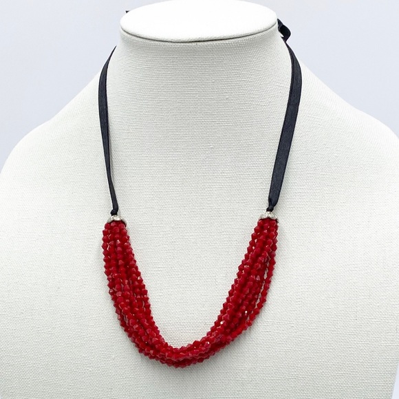 Red Glass Beaded Satin Ribbon Necklace - Picture 1 of 11